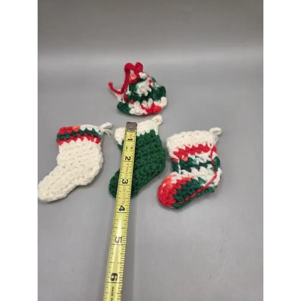Vintage Crocheted Christmas Ornaments Lot of 4 Mini Stockings & Hat Handmade